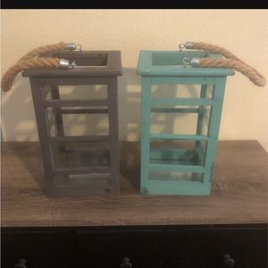 Wooden Grey and Teal laterns.